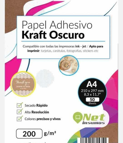 Papel Kraft Oscuro Adhesivo Imprimible A4 200gr Pack 50h