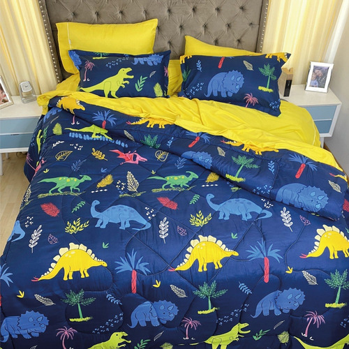 Imagen 1 de 4 de Plumón Doble Estampado Dinosaurios + Fundas