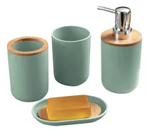 Comprar Accesorios De Baño Set De 4 Piezas De Lujo Con Detalles De Bambu Juego De Baño Con Dispensador Jabonera Vaso Porta Cepillos De Dientes Fsy Fasilyt Color Verde