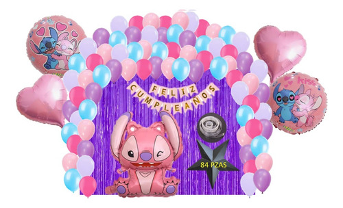 Kit Decoracion Cumpleaños Globos Metalicos Stitch Niña 83 Pz