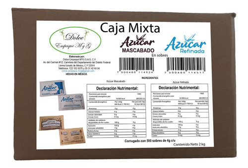 Azúcar Sobres Refinada Y Mascabado Dolce Empaque 500s 4g C/u