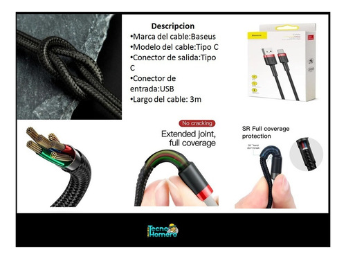 Imagen 7 de 10 de Cable Tipo C 3 Metros Carga Rapida Reforzado Baseus Matader