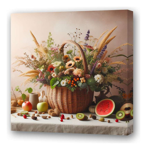 Cuadro 45x45cm Canasta De Flores Sandia Kiwi Manzana