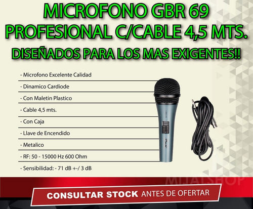 Microfóno De Mano Gbr - 69 Profesional C/cable 4,5 Mts