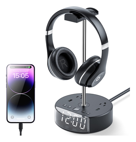 Zeagus Soporte Para Auriculares Con Reloj Despertador Led, S