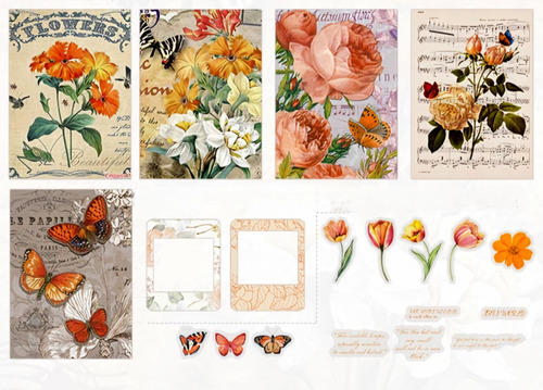 Set Papelería Vintage Romántica Floral Manualidades Collages