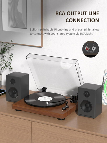 Toca-discos Vintage, Bluetooth, 2 Velocidades, Saída Rca