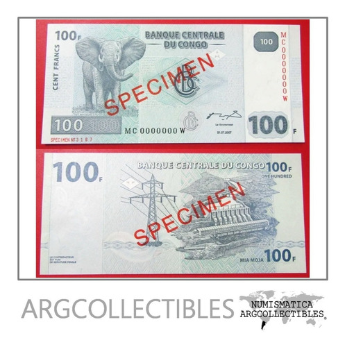 Congo Billete 100 Francos Año 2007 Specimen Pick 98s Unc Sin Circular