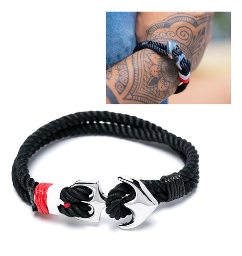 Pulsera De Hombre Mujer De Ancla Cuerda  Negra