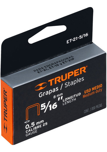 Grapa Para Et-21 5/16 Caja Con1000 Pzas Truper Corona 11.5mm