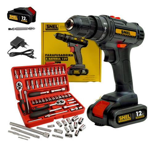 Parafusadeira E Furadeira Sem Fio Bateria 12v Bivolt 3/8 Com Jogo De Soquete Aço 1/4 Catraca Chave Allen Maleta 46 Peças Snel Ferramentas
