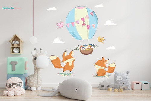 Adesivo De Parede Decoração Infantil Raposinhas Balão Cute