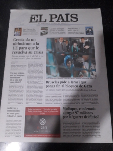 Tapa Diario El País 19 3 2010 Gaza Israel Bruselas Grecia 