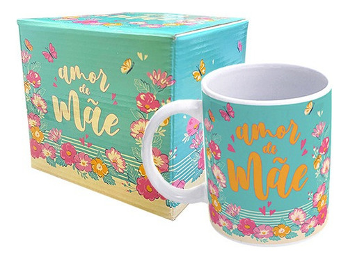 Caneca Cafe Porcelana 300ml Familia Dia Das Maes Amor De Mae Cor Verde