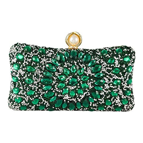 Cartera De Mano Clutch De Fiesta Verde Con Cristales Brillo