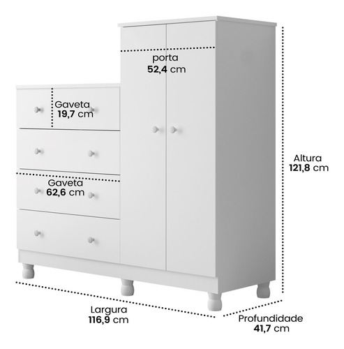 Cômoda Guarda Roupa Bebê Madeira Branca C/ Colchão Trocador Cor Branco