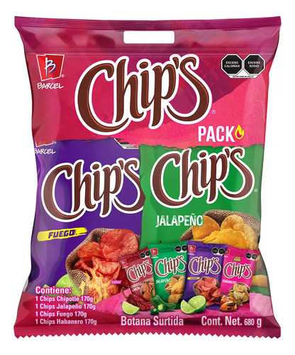 Papas Barcel Chips Surtidas 4 Pzas De 170 Gr
