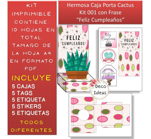 Imagen 3 de 4 de Kit Imprimible Caja Porta Maceta 01 Frase Feliz Cumpleaños