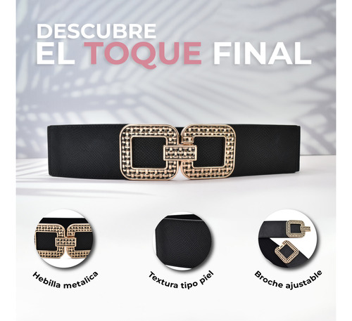 Cinturón De Mujer Elástico Negro Con Hebilla Dorada