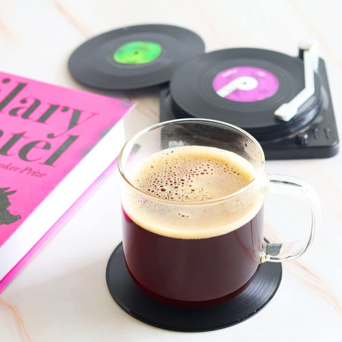 Divertidos Posavasos Retro De Vinilo Para Bebidas Con Soport