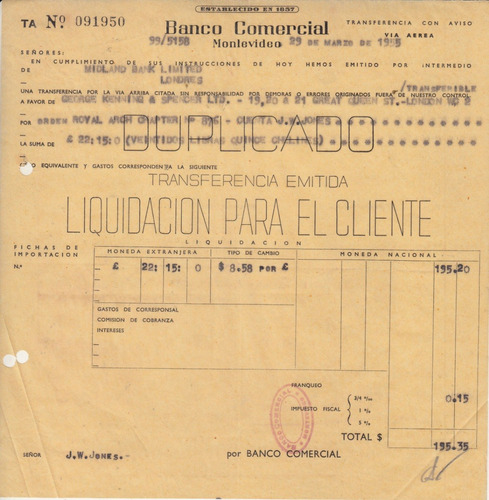 1955 Boleto De Transferencia Libras Banco Comercial Uruguay 
