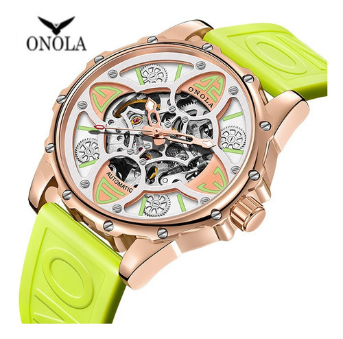 Reloj De Pulsera Luminoso Mecánico De Moda Onola On3833 Color del bisel Rosé/Verde