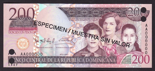 Bn8256 Rep. Dominicana 2007 200 Pesos Ouro Specimen Rara
