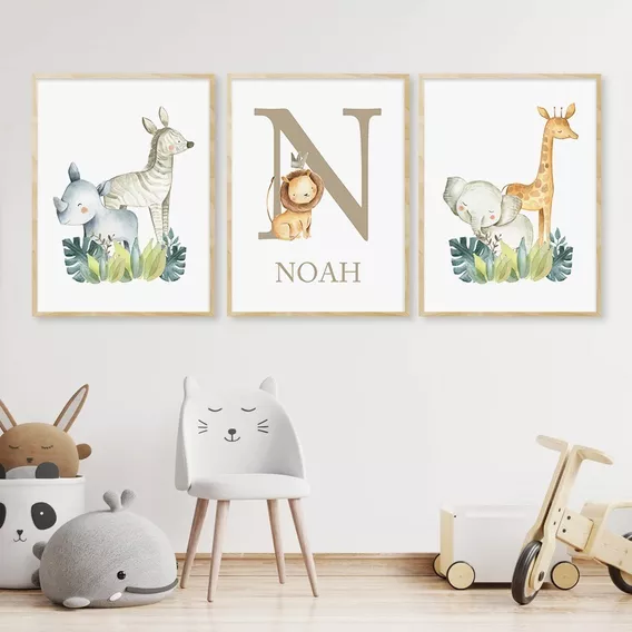 Kit 3 Quadros Decorativo Infantil Safari Nome Bebê 20x30