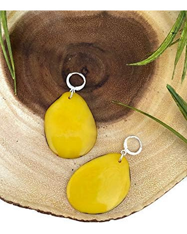 Aretes Grandes De Tagua En Amarillo, Aretes Colgantes De