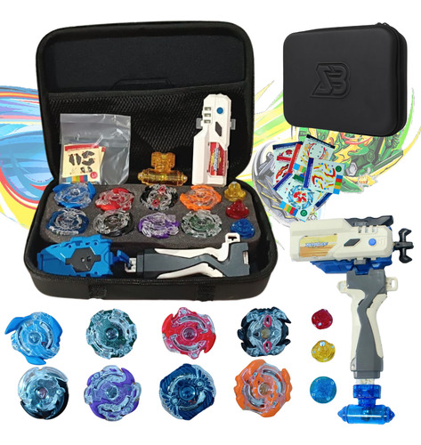 Kit 8 Beyblade Com Maleta 1 Lançador Grip Beyloger Luz E Som