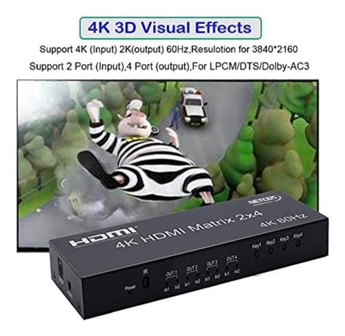 Matrix Hdmi V2.0 De 2 Entradas Y 4 Salidas Netcom