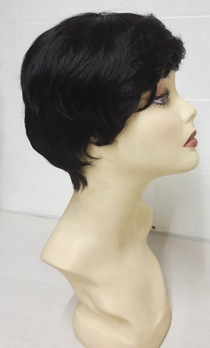 Peruca Curta Corte Moderno Pixie Cabelo 100% Humano Tamanho Da Base M Tonalidade Castanho Escuro