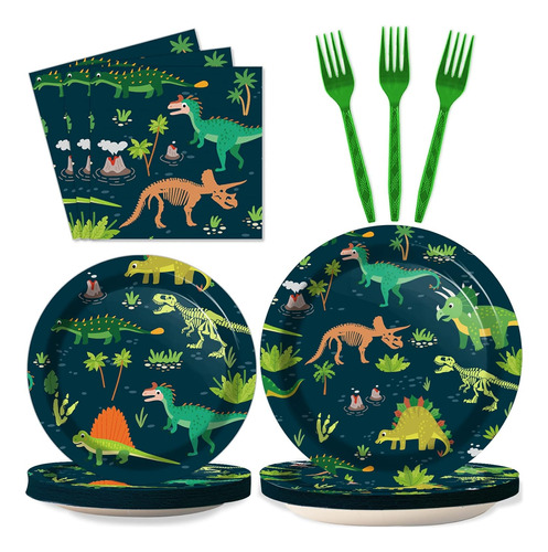 Kit De Platos De Fiesta Tevxj P/ 24 Personas, De Dinosaurio