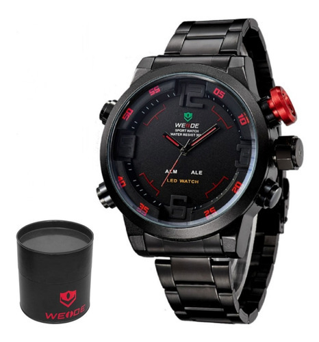 Relógio Masculino Weide Dual Time Original Cor Da Correia Wh 2309 Preto/vermelho Cor Do Bisel Vermelho Cor Do Fundo Vermelho