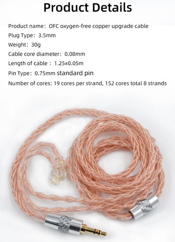 Cable Kz In Ear Copper Ofc Oxygen Free 120cm Linea Pro