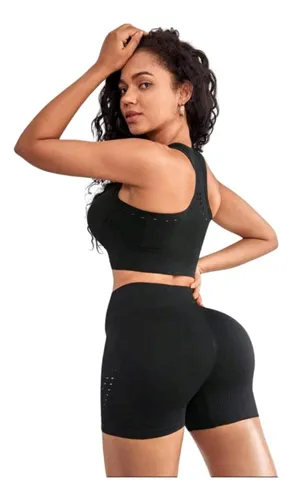 Conjunto Deportivo Biker + Crop Top Push Up Negro - Ref 5165