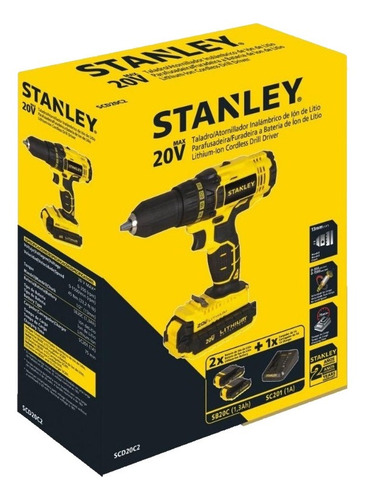 Taladro atornillador inalámbrico de 13mm Stanley SCD20C2 20V + accesorios con caja de cartón 220V 50Hz