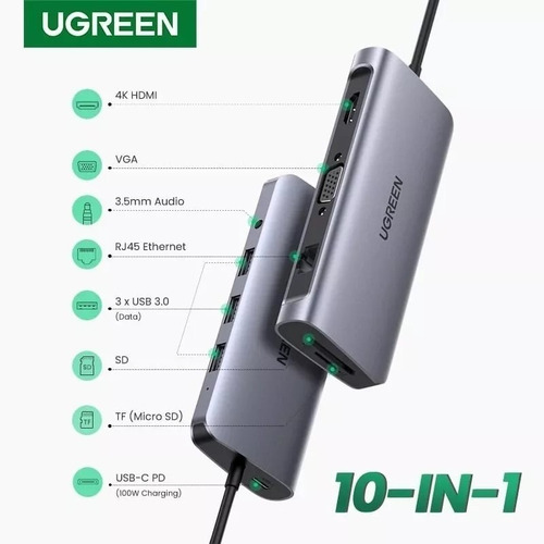 Concentrador Usb Tipo C Multifuncional Ugreen 10 En 1 /cm179