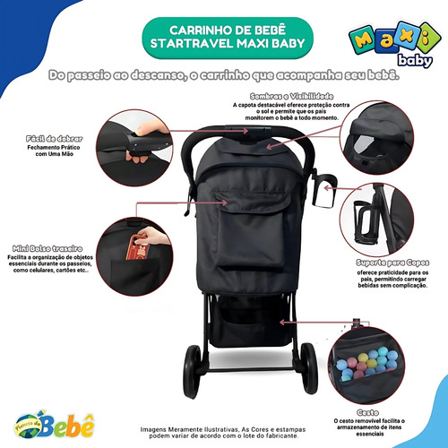 Carrinho de Bebê Passeio Vira Berço Startravel Maxi Baby - Cinza