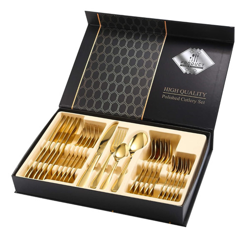 Set Juego Cubiertos Acero Inoxidable 24 Piezas Dorado