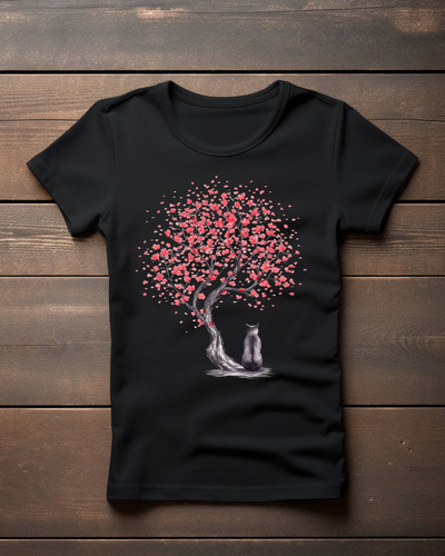 Playera Para Mujer Estampada Gato -pétalos De Cerezo