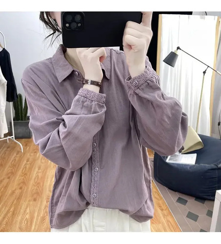 Camisa De Manga Larga Con Encaje Y Algodón Para Mujer