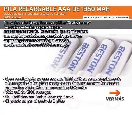 2 Pilas Recargables Aaa De 1350 Mah