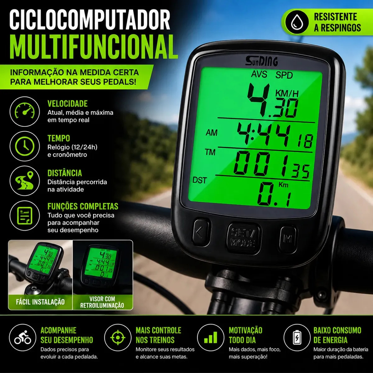 Ciclocomputador Bike Velocimetro Digital Com Fio Lcd Backlight 27 Funções Hodometro Temperatura Relogio Bicicleta