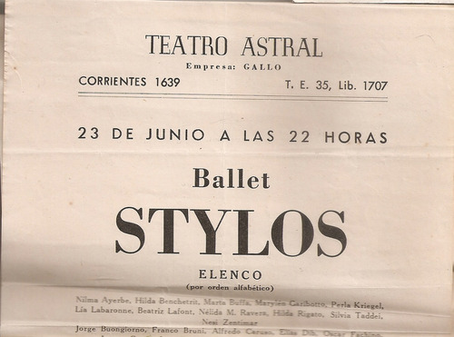 Stylos Ballet Programa Teatro Astral Junio 1952