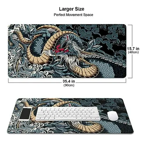 Tapete De Ratón Gamer Xl Con Dragón Negro Japonés - 35.4 X 1