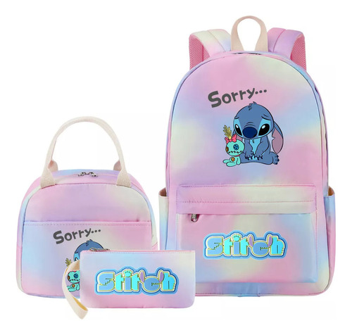 Mochila Colorida Lilo Stitch De 3 Piezas Con Lonchera, Bolsa