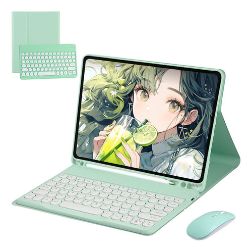 Capas Para iPad 6/5/air1/air2 Com Redondo Teclado E Mouse Cor Capa Verde Clara E Teclado E Mouse Redondos