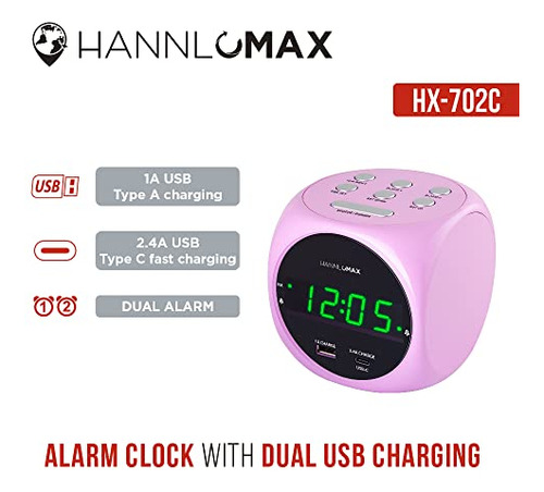 Reloj Digital Con Alarma Dual Y Carga Usb-a Y Tipo-c Rosa
