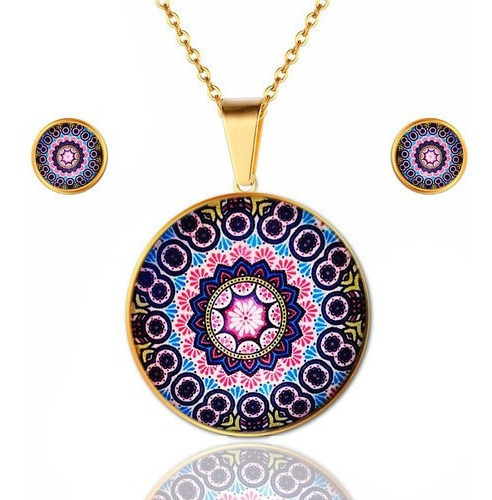 Juego De Joyas Mandala Collar Aretes Acero + Estuche